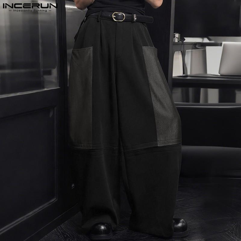 INCERUN Oversized Men Zipper Waist Pockets Stitching Wide Leg Pants Casual Long Trousers