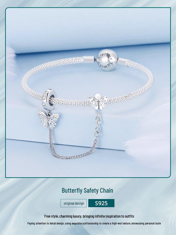 925 Sterling Silver Butterfly Safety Chain with Silicone Beads for DIY Bracelets