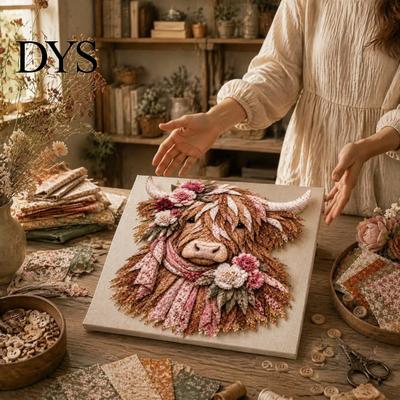 Highland Cow Sewing Kit 3D Layered Fabric Art DIY for Adults, Beginner-Friendly Unique Crafting Adults Quilt Craft Set, Handmade Farmhouse Wall