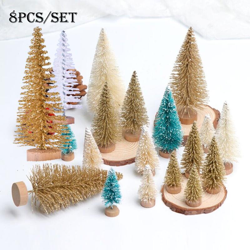 Christmas 8pcs Miniature Tree Mini Pine Frosted Sisal Trees Xmas Ornaments Decor