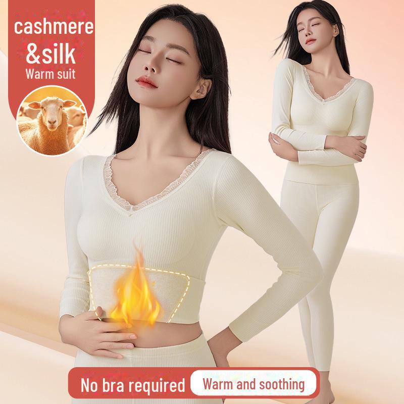 Damen Nahtlose Warme Samt Herbst Unterwäsche Hose mit Brustpolster - Kaschmirseide, Verdickt für Zusätzliche Wärme