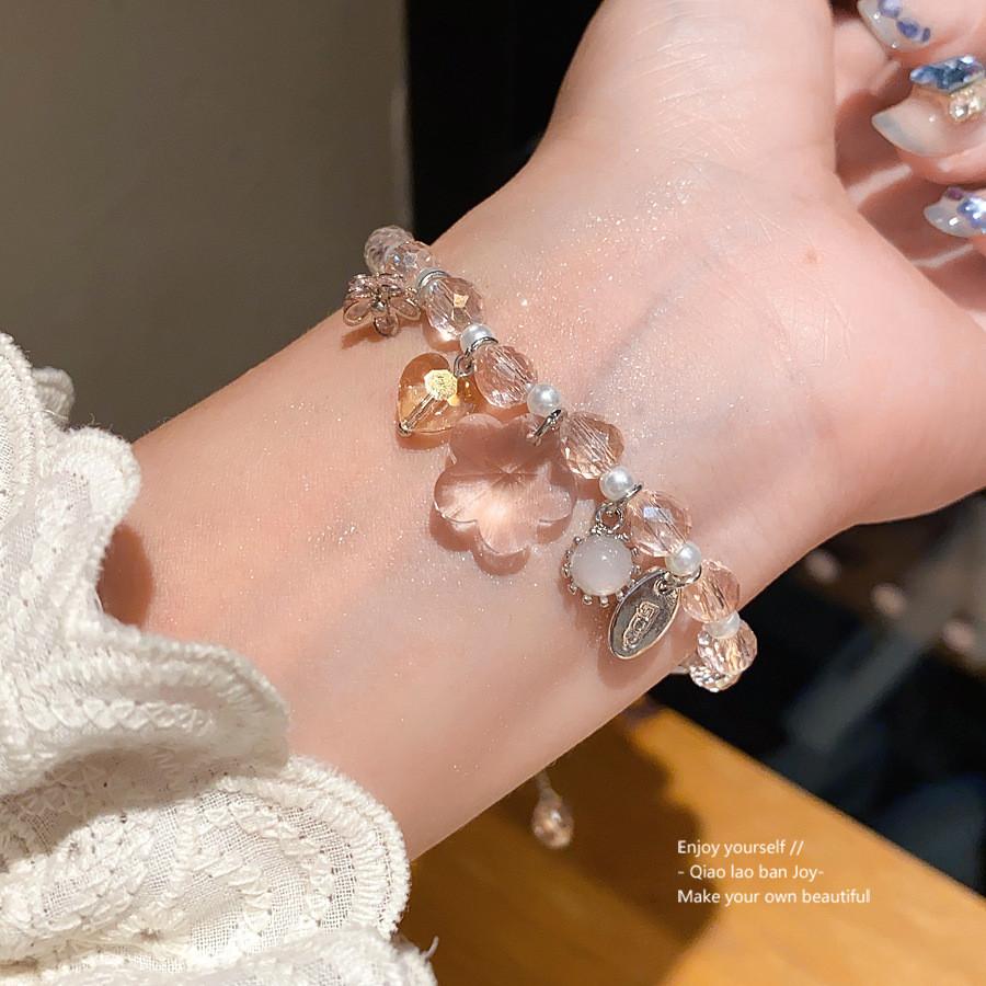 Light Luxury Zircon Artificial Pearl Flower Heart Pendant Bracelet For Women Gift
