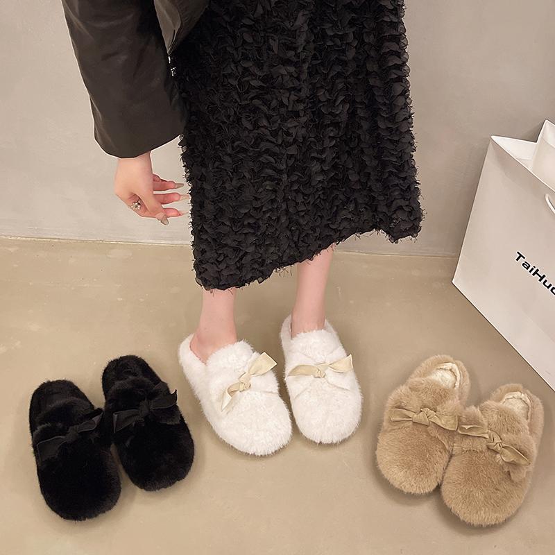 Fashion Aphixta Cute Butterfly Knot Design Solid Color Indoor Slipper Soft Warm Women Furry Mule Shoes Flat With Anti-skip Women Shoes
