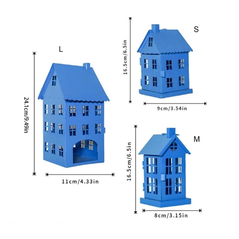 Hollowout Ice House Metal Blue Tealight Holder Hanging Lanterns for Indoor Table Centerpieces Decoration