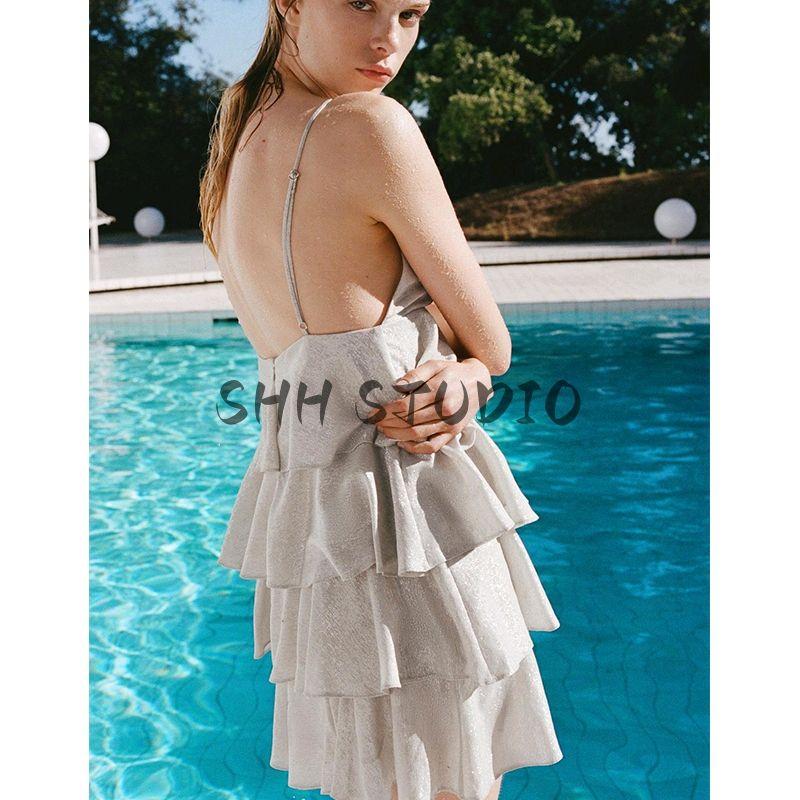 Summer Women's Metallic Thread Patchwork Lining Laminated Decoration V-neck Strap Short Dress 4661344