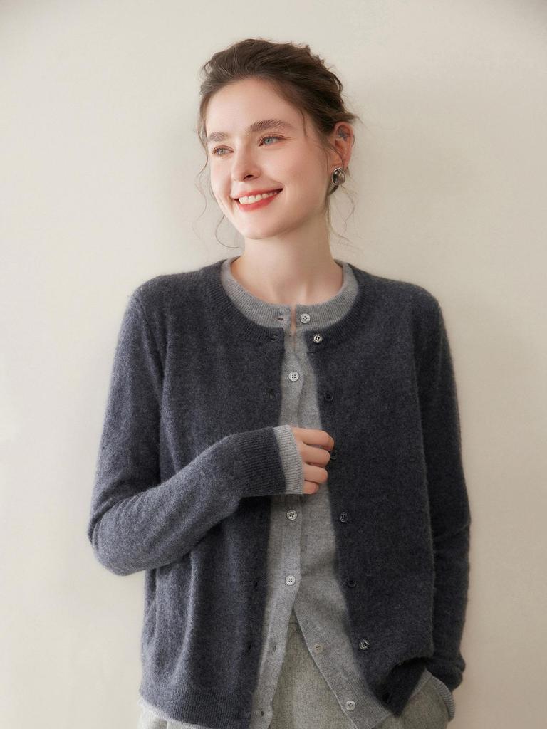 Women's Cashmere Cardigan: Two-Piece Knit Sweater Coat, Loose Fit, Slimming, Thickened, Round Neck, Color Block Design