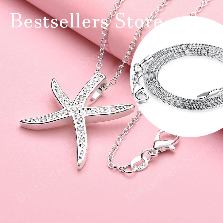 925 Sterling Silver 16-30 Inch Exquisite Starfish Zircon Pendant Necklace, Women's Wedding Accessories Gift, Fashionable Jewelry