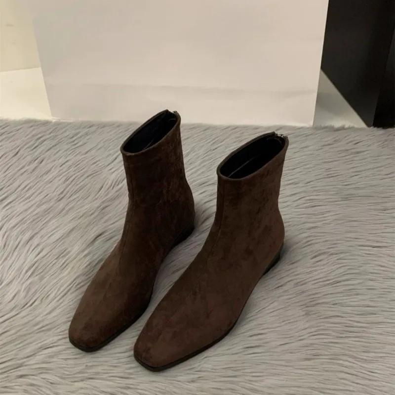 Fall Winter Women's French Style Short Boots Trendy Slim Fit Chunky Heel Versatile Adult Square Toe Rubber Bottom Ankle Boots