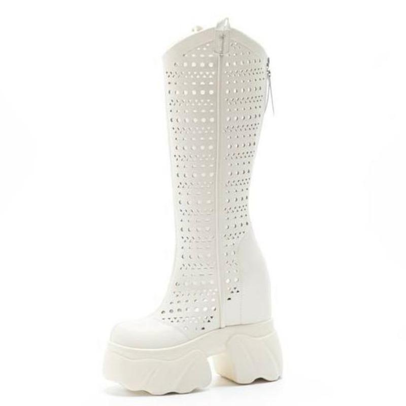 Fashion 12CM Ankle Boots Microfiber Leather Spring Summer Fashion Knee High Booties Platform Wedge Flats Sandals Women Hidden High Shoes