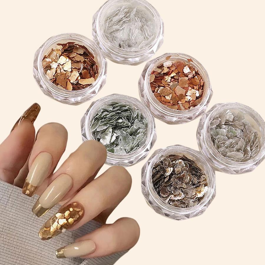 

6 Colors Nail Art Mica Flakes Set, Irregular Metallic Gloss Mineral Slices, Shiny Nail Glitter Sequins for Nail Art Decoration разноцветный