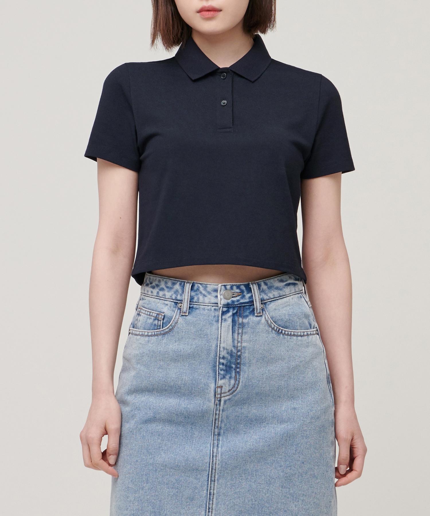 [Cooltandard] Women S Crop Pique Polo Shirt [Navy] Navy/L