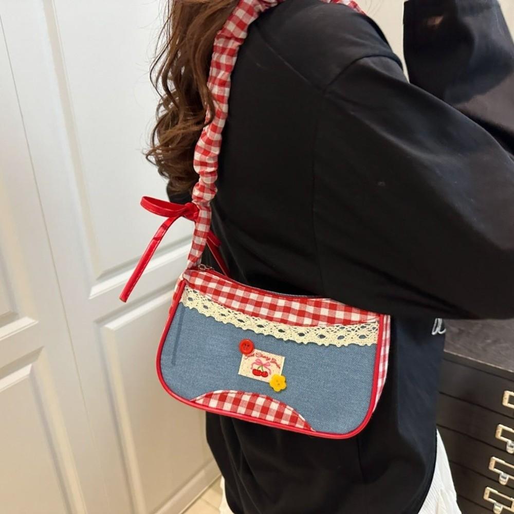 Leisure Denim Underarm Bag Rural Style Crossbody Bag Sweet Lattice Shoulder Bag Students