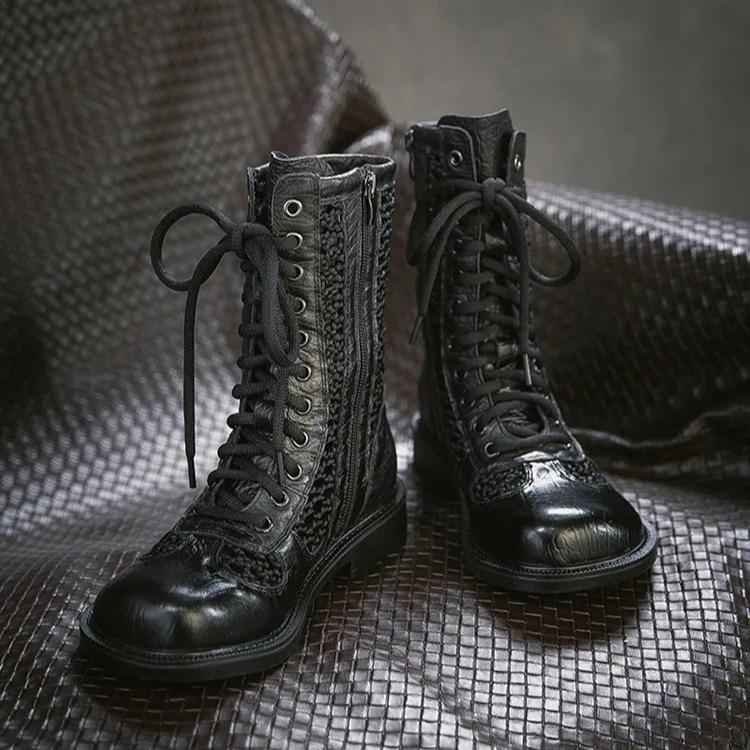 Johnature Retro Genuine Leather Hollow-out Breathable Summer Mid-calf Boots Versatile Fashion Women's Shoes