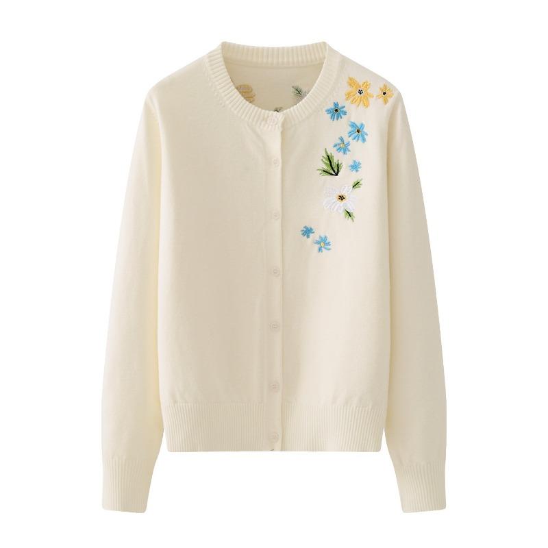 Autumn Winter Fashion Loose Embroidered Knitted Cardigan Sweater Women's Round Neck Coat Solid Color New Casual Long Sleeved Office Simple Clothing