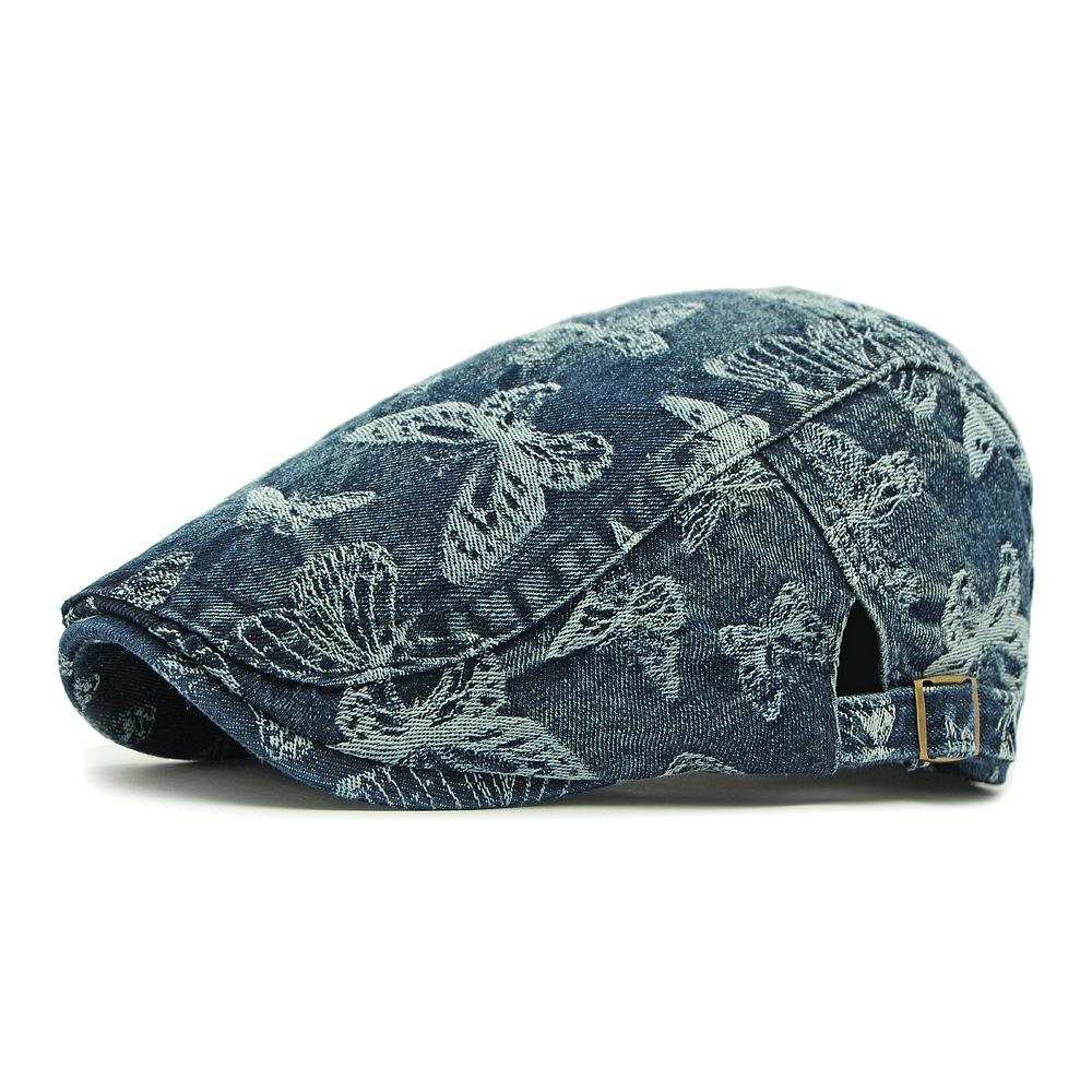 Denim Beret Women's British Vintage Forward Hat Sunscreen Sun Hat Jacquard Butterfly Cap