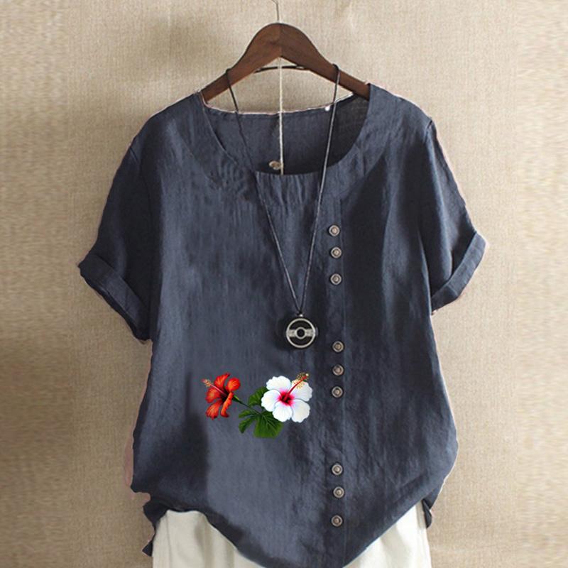 Women's Fashion Round Neck Short Sleeve T-shirt Casual Cotton Linen Graphic Shirt Leisure Loose Flowers Prined Summer Blouse Tops