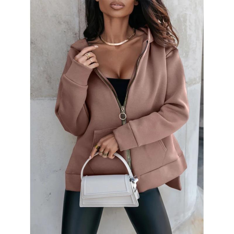 

Women s Long Sleeve Zippered Loose Casual Hooded Sweatshirt Clothes Sale S коричневый