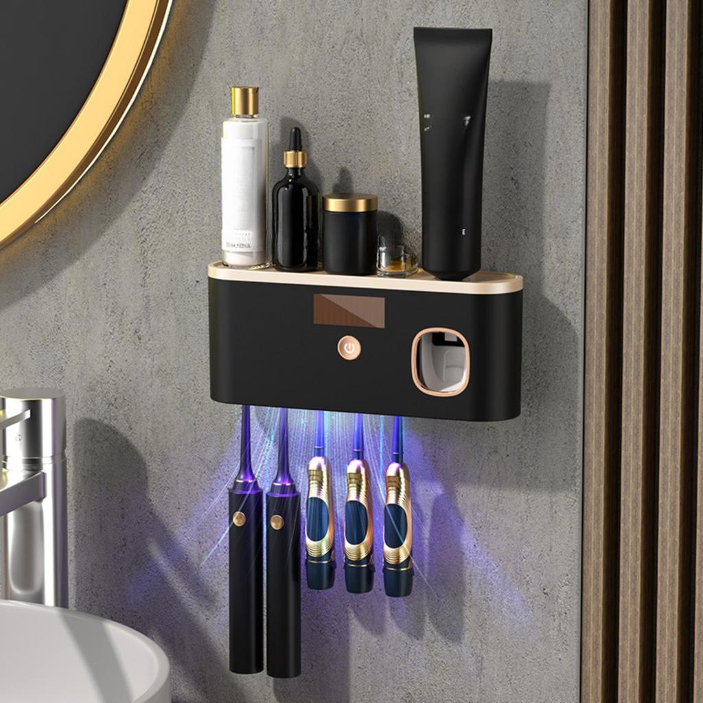 Sanitizator inteligent pentru periuțe de dinți cu 5 sloturi cu dozator automat de pastă de dinți, plastic durabil, baterie reîncărcabilă USB, organizator modern pentru baie