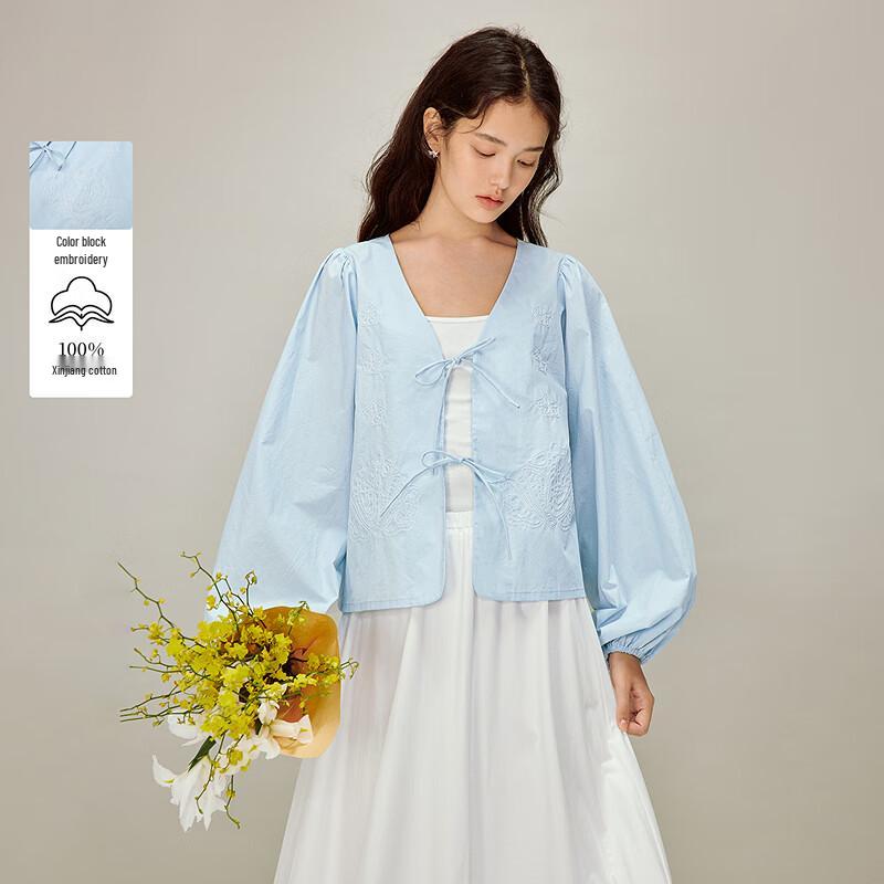 

INMAN Contrast Embroidery V-Neck Puff Sleeve Shirt M