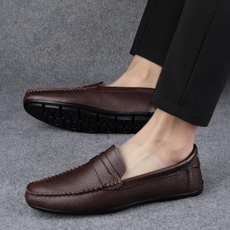 Men's Genuine Leather Slip-On Loafers - Spring/Summer Driving Shoes, Cowhide, Large Sizes Available
