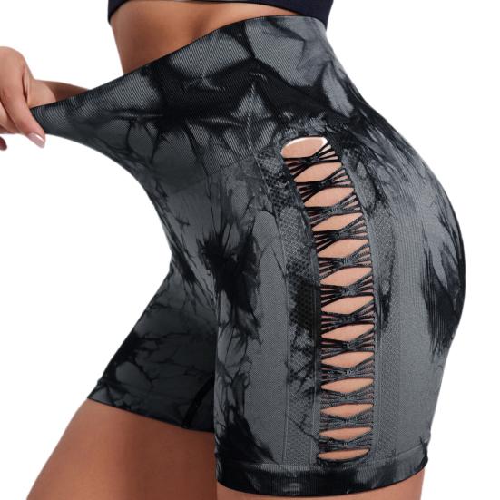 Pantalones cortos de yoga ajustados, elásticos, con control de abdomen, teñido anudado, huecos, sin costuras, secado rápido, ajuste alto, antiexposición de glúteos