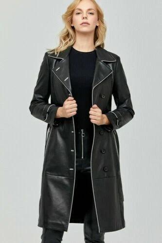 Trench Coat Lambskin Handmade Original Leather Formal Style Casual Stylish Black Women
