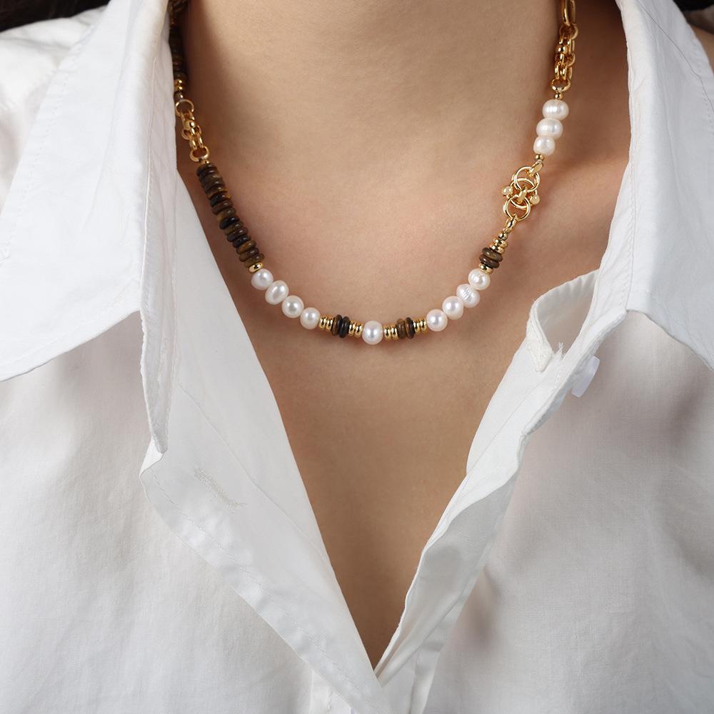 Europejski i Amerykański Styl Pałacowy Kamień Tygrysie Oko i Perła Słodkowodna Ręcznie Robiony Naszyjnik Bransoletka