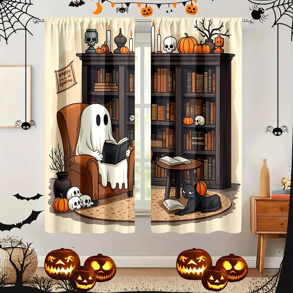 2pcs- Halloween Gothic-style "ghost" printed curtains   pole bag curtains   home decorations   room decorations