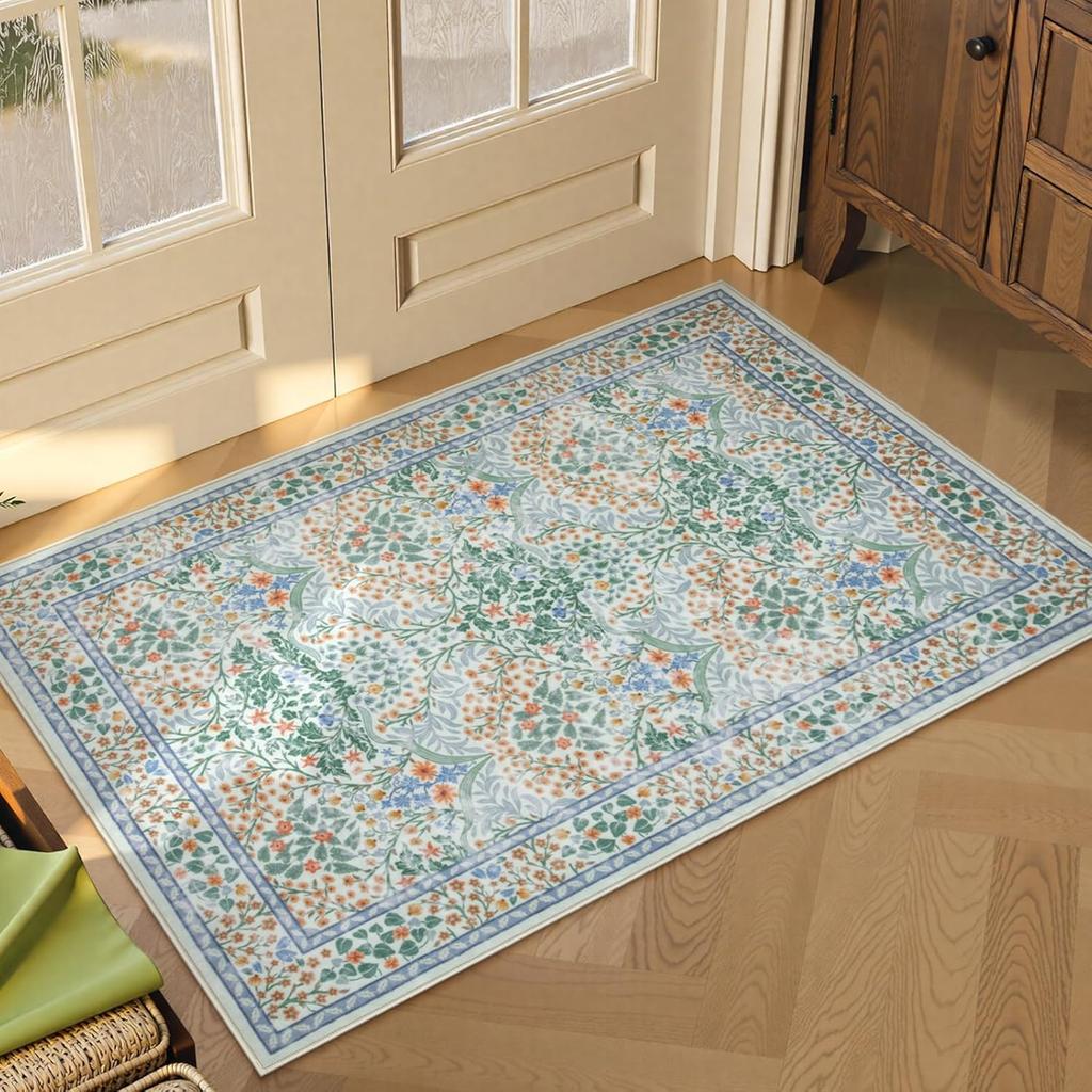 Crystal Velvet Carpet Floral Dark Green Area Rugs , Soft Washable Rugs for Living Room Bedroom, Boho Non Slip Low Pile