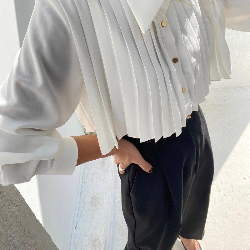 Ladies' Pleated Shirt Loose Turndown Collar Single Breasted Button Solid Color Ladies Shirts Spring Fashionable Versatile Famale Top