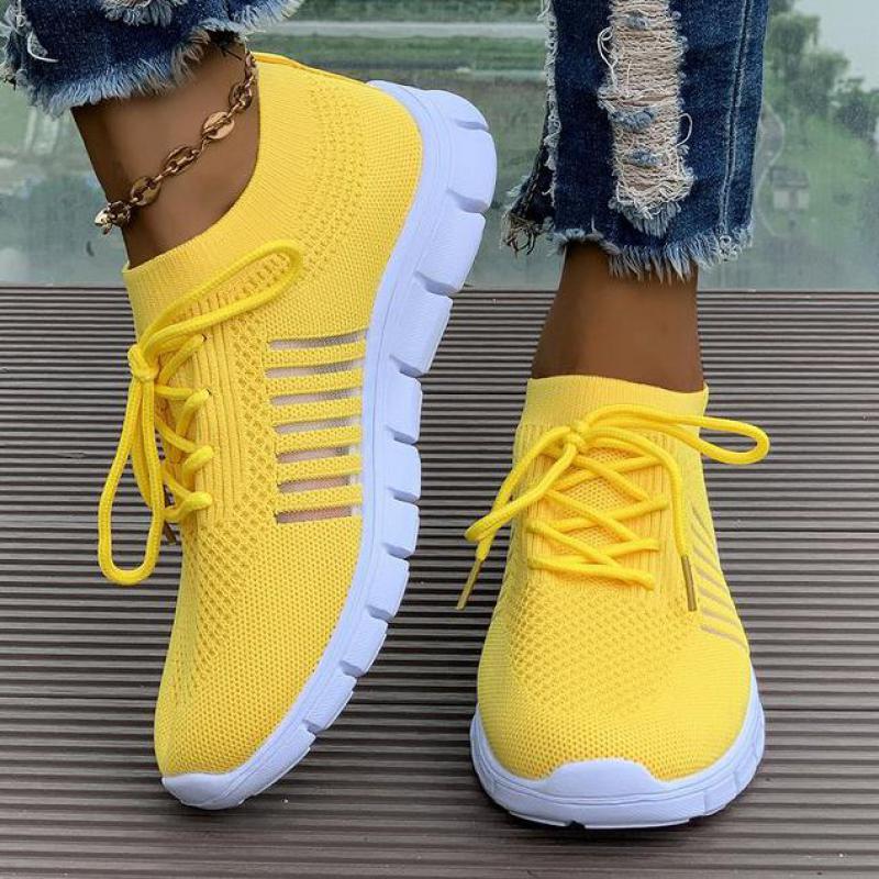 Summer Yellow Casual Shoes Women Flat Shoes Breathable Mesh Knit Sneakers Women Tennis Shoe Lightweight Running Shoes Woman Shoe