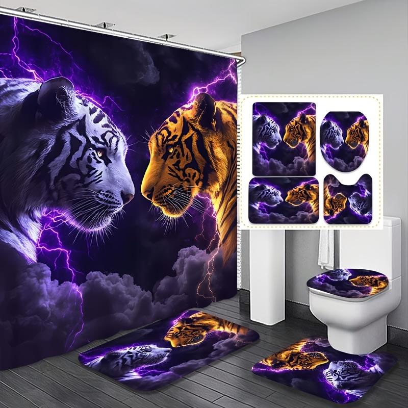 4-teiliges Modern Art Duschvorhang-Set mit rutschfester Badematte, Toilettendeckelbezug, Kontur-Teppich & 12 Haken, Badezimmerdekoration