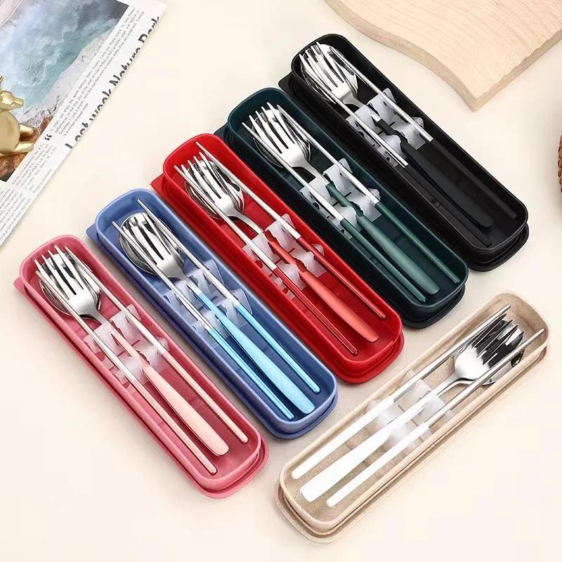 Edelstahl Besteckset Schlichtes Tragbares Geschirr Essstäbchen Löffel und Gabel Set mit Etui Bestecksets Küchenzubehör