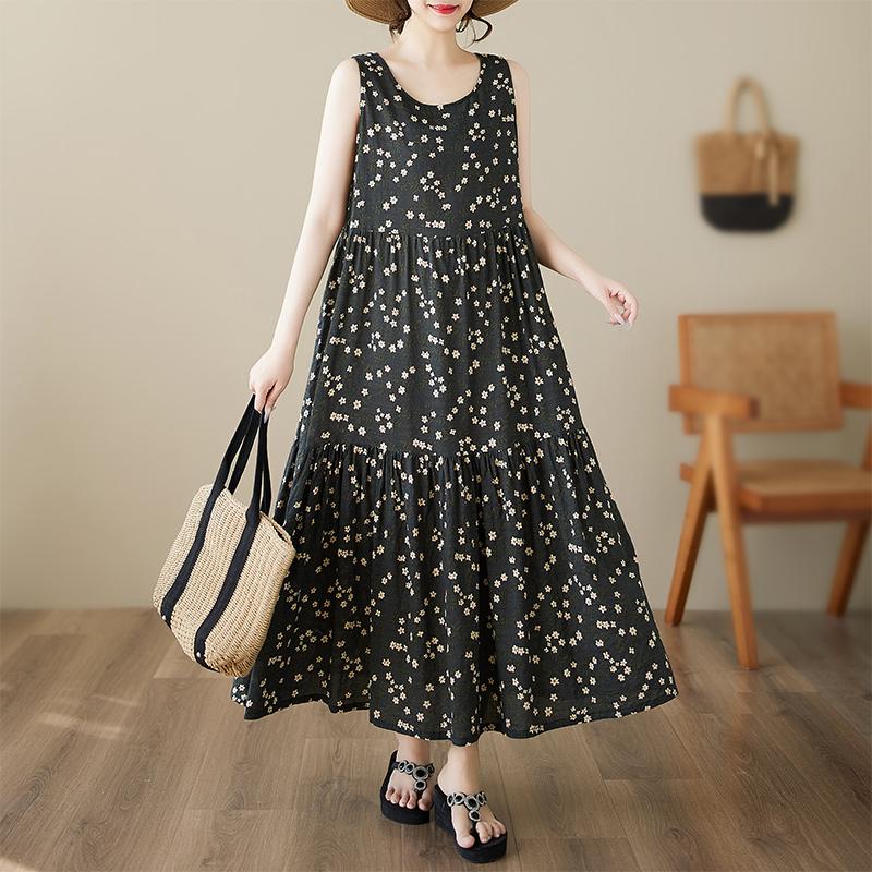 Dimanaf Plus Size Dress Summer Women Vintage Linen Elegant Style Sleeveless Floral Loose New Long Dress 8031