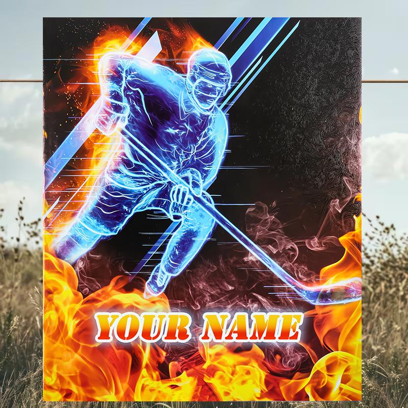 1PC Custom Name "Flame Hockey Player Artwork" outdooor Flannel blankets Patterns Throw Blanket All-Season Soft Gift for Couch, Bed, Camping gifts
