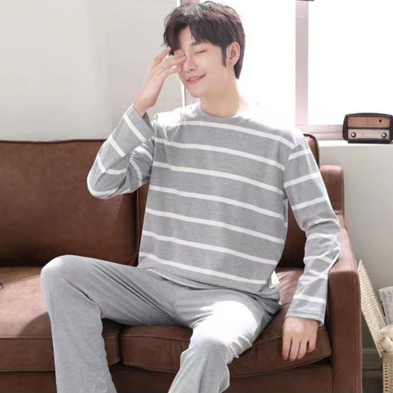 2 buc/set bărbați îmbrăcăminte de casă, drepte, picior lat, cald, elastic, simplu, imprimeu în dungi, pentru bărbați, moale, de toamnă, set de pijamale de zi cu zi