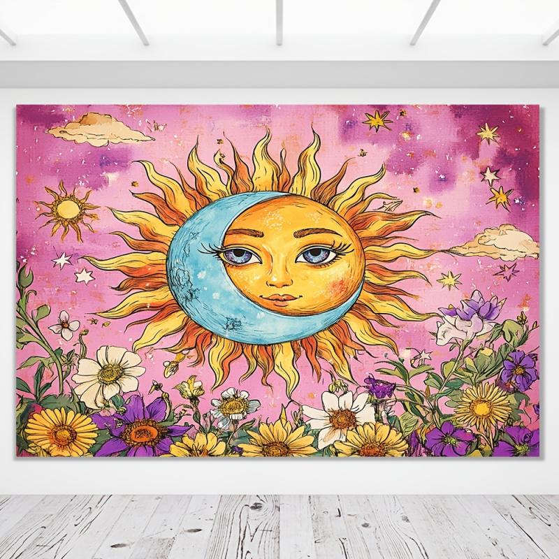 VIKAMA Bohemian Sonne und Mond Blumenteppich Wandbehang Geeignet für Wohnzimmer Schlafzimmer Spielzimmer und Heimdekoration