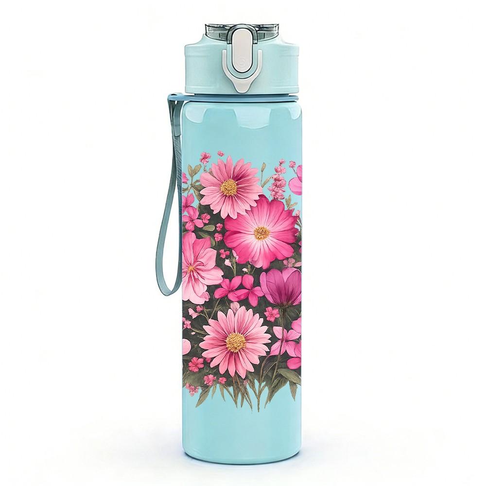 1PC Pink Rose Cluster Flower Bouquet Print 750ml Color Plastic Sports Water Bottle Leakproof Flip Straw Lid Suitable for Sports Office Home Use