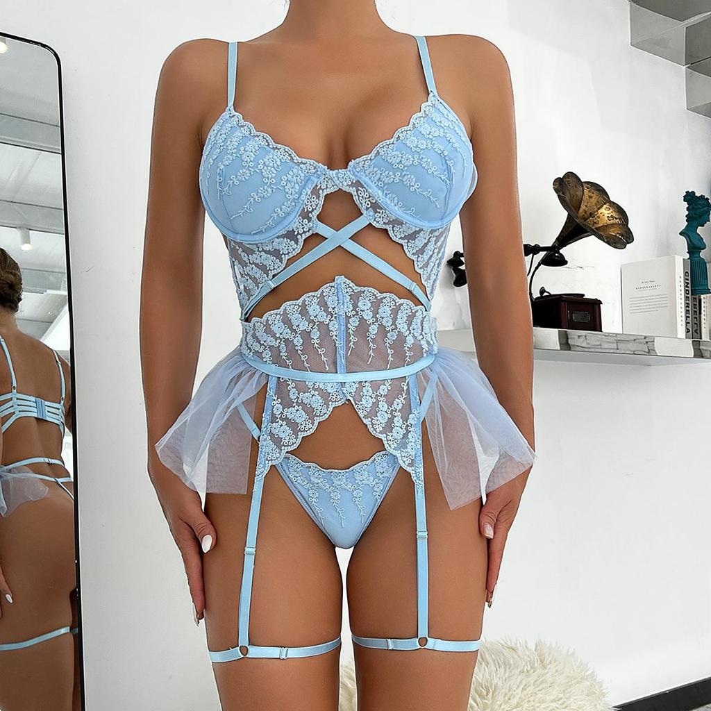 New Fashion Lingerie Lace Cross Mesh Pleated Fishbone Sexy Lingerie Sets
