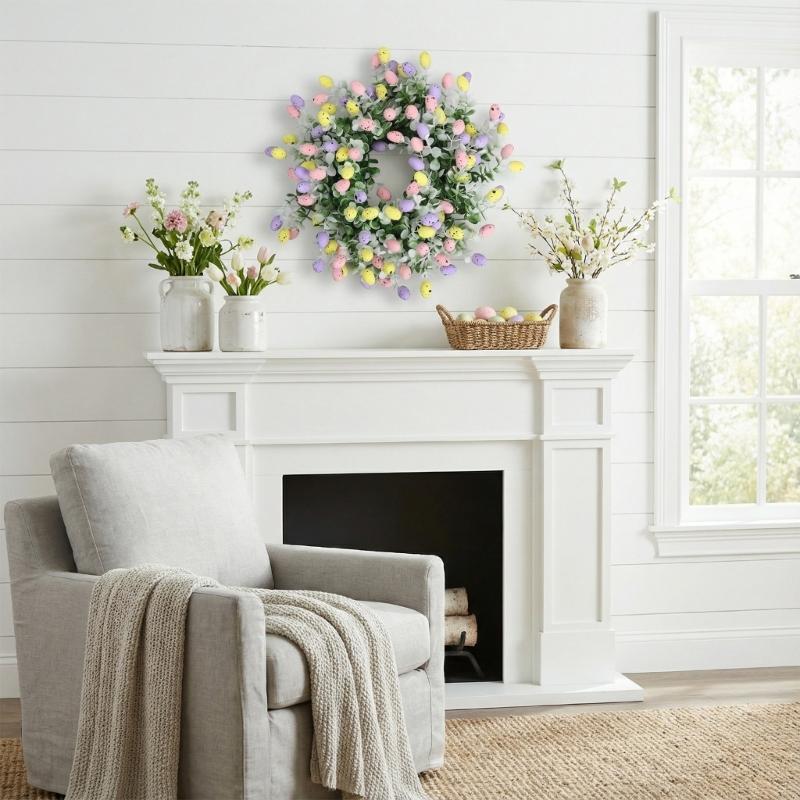 Easter Wreath Artificial Flower Wreath with Easter Eggs Holiday Decoration for Front Door Window Festival Celebration