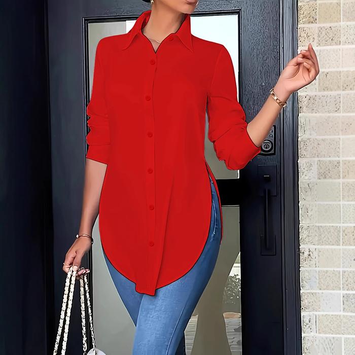 Ladies Casual Long Sleeve Lapel Solid Color Side Slit Irregular Blouse Long Shirt Top