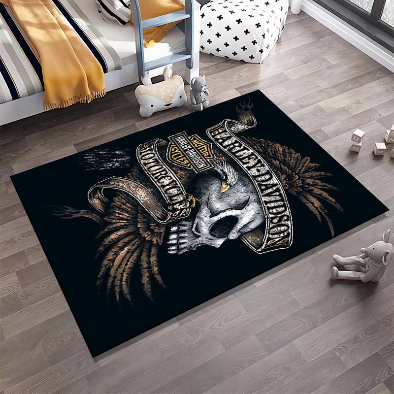 Skull and Eagle Harley Davidson Motorcycle Logo Black Rug Decor Suitable for use as an anti-slip for living room bedroom sofas