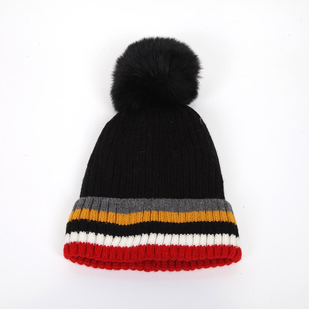 Autumn and winter hairball flanged knitted hat men's and women's color striped edge fashion warm wool hat