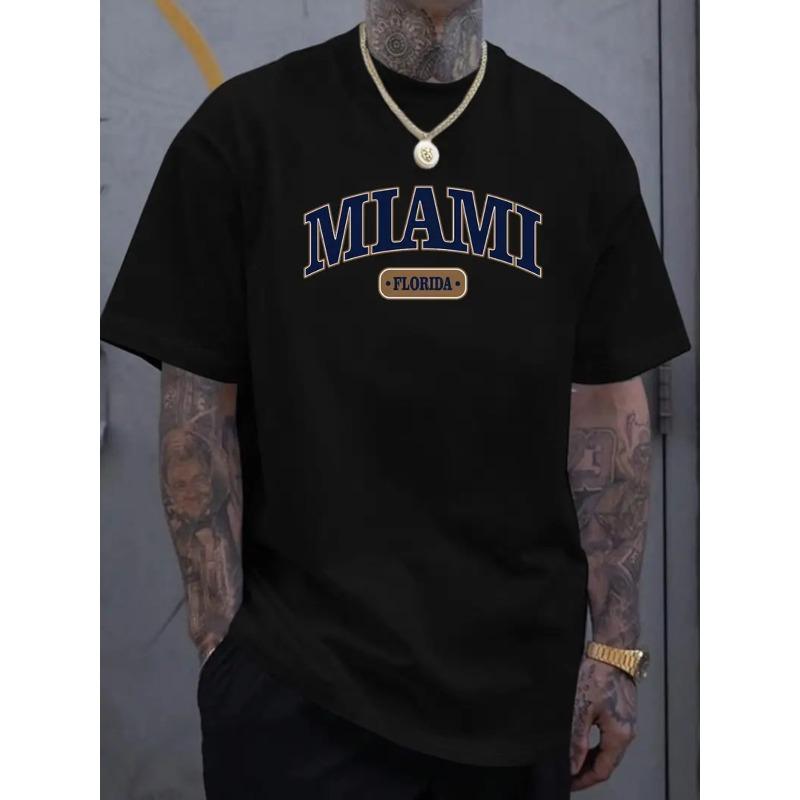 European Size Plus Size Men's T-Shirt  Cotton Miami Florida Print Short-Sleeved T-Shirt, Comfortable Casual Short-Sleeved T-Shirt