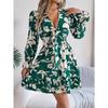 Women's Autumn/winter Casual Flower Lace-up Long Sleeve A-line Dress with Wooden Ear Trim