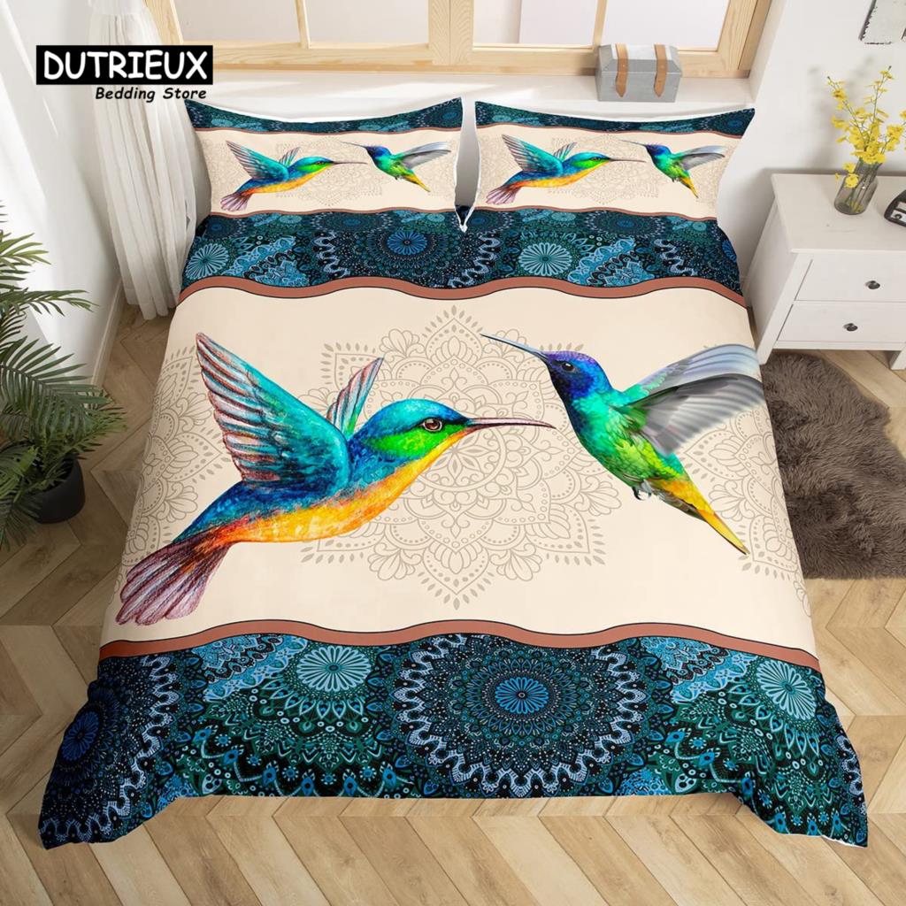 Boho Mandala Bedspread Cover Kit Hummingbird Bed Ensemble Cozy Microfiber Fabric Farmhouse Adorable Birds Comforter Cover Queen Dimension for Kids