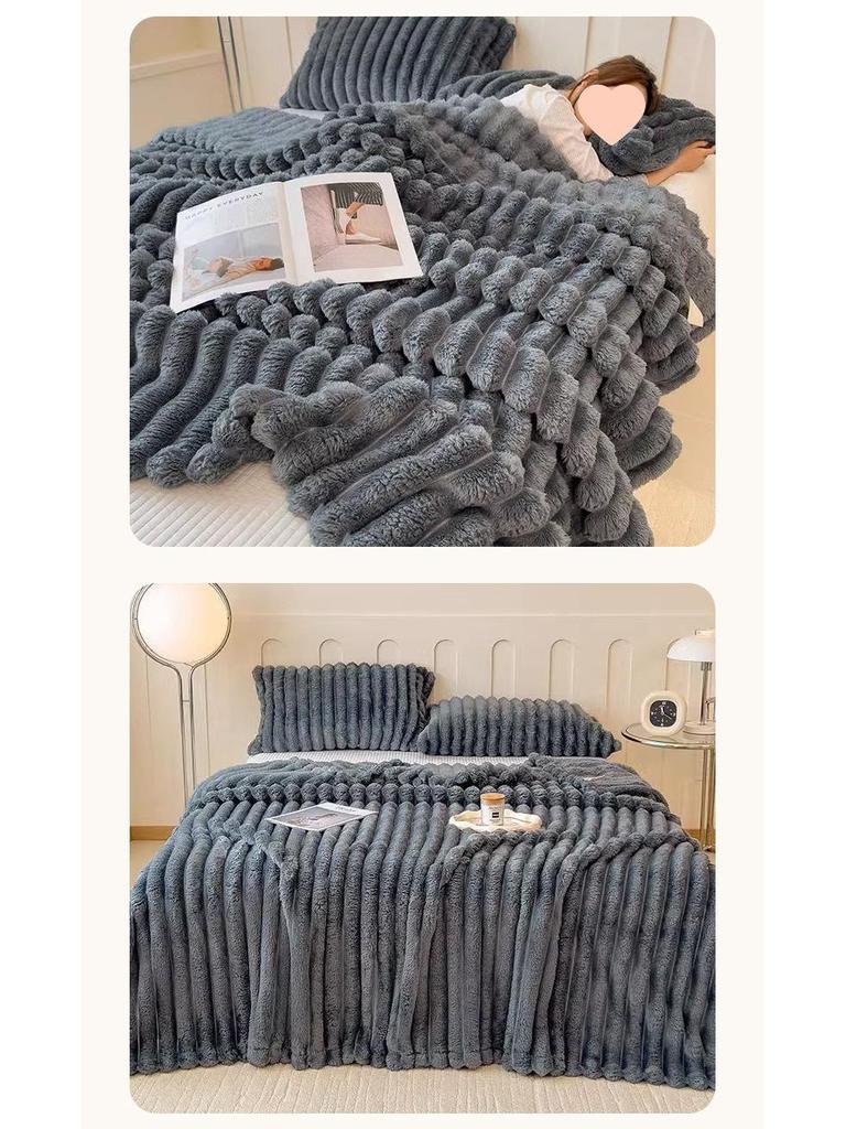 Thick Rabbit Fur Winter Blanket - Fleece Lined, Warm Coral Fleece, Flannel Sheet Bedspread