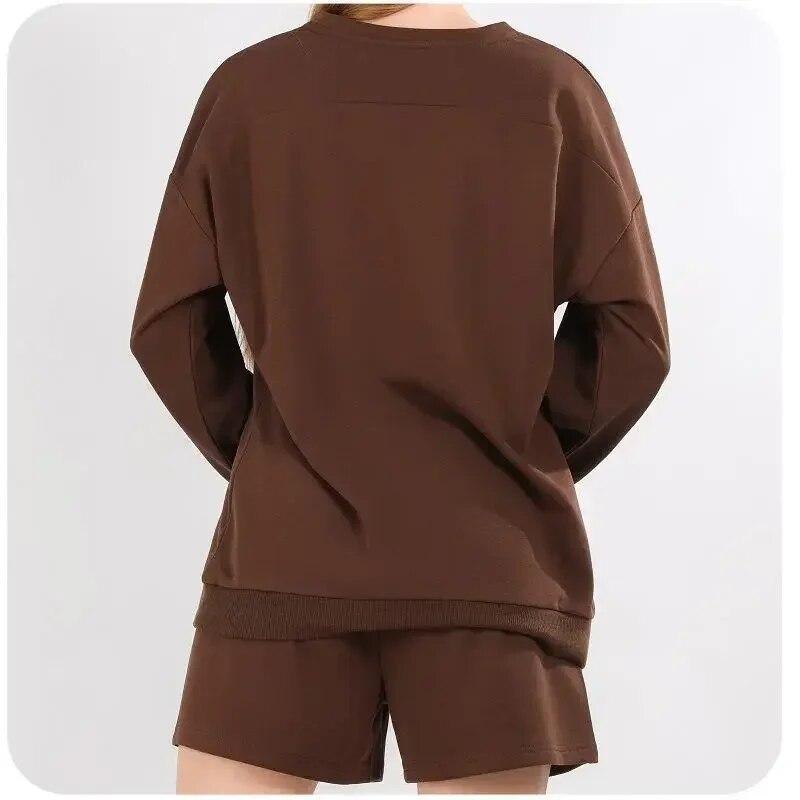 

Блузка с длинным рукавом, женские шорты, домашний повседневный спортивный комплект из 2 предметов, женская модная свободная одежда, простая летняя одежда 29883 XL темно-коричневого