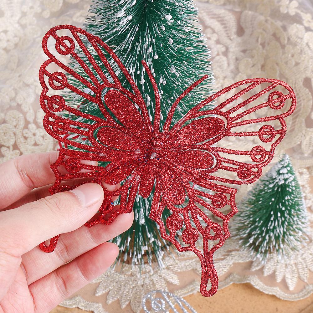5/10PCS Christmas Butterflies Xmas Tree Ornaments Single Layer Gold Powder Glitter Artificial Flower DIY Crafts Christmas Decor