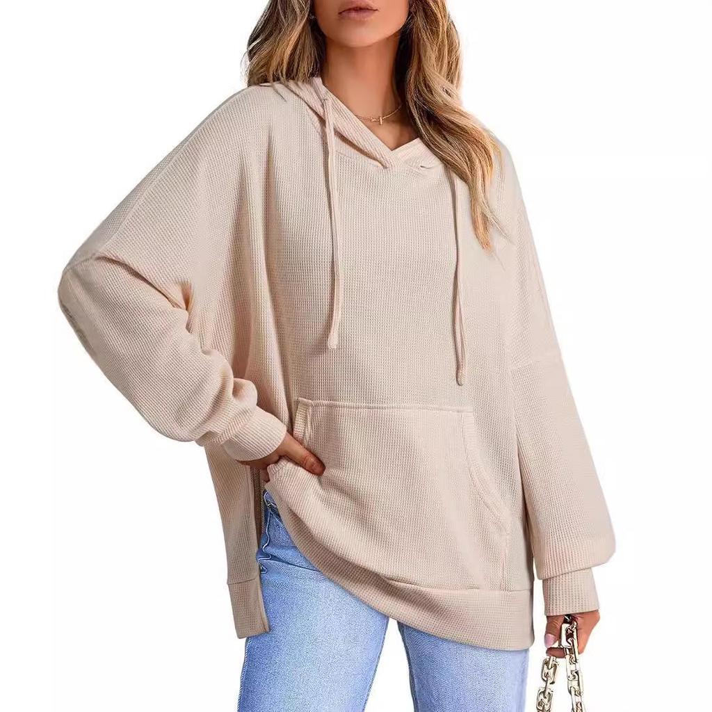 2024 Women's Hooded Waffle Knit Pullover Sweatshirt with Pocket, Long Sleeve, Autumn/Winter